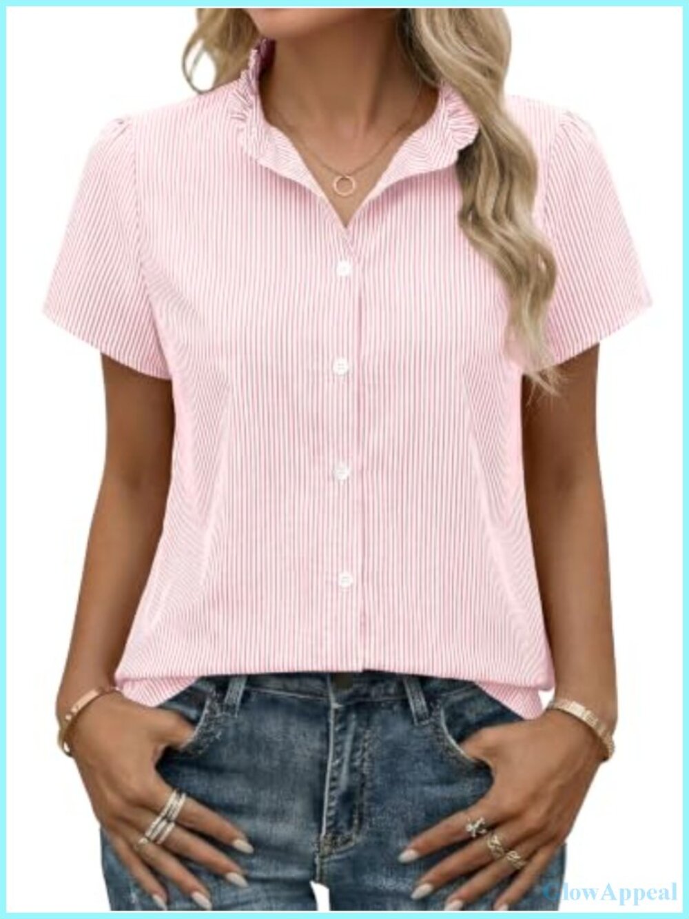 Women's Striped Short Sleeve Button Down Shirt Ruffle Collar Blouse